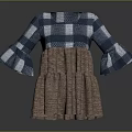 Color Block Blue White Plaid Bell Sleeve Dress With Brown Pleated Skirt