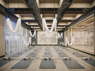 Spacious Yoga Studio With Hanging Hammocks And Neatly Arranged Exercise Mats 3d model