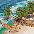 Tropical Waterfront Landscape With Sandy Beach Palm Trees Rocks And Clear Blue Waves