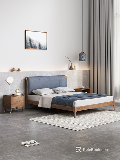 Modern Double Bed With Blue Upholstered Headboard Wooden Frame Bedside Tables And Wall Painting 3d model 