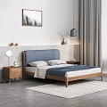 Modern Double Bed With Blue Upholstered Headboard Wooden Frame Bedside Tables And Wall Painting