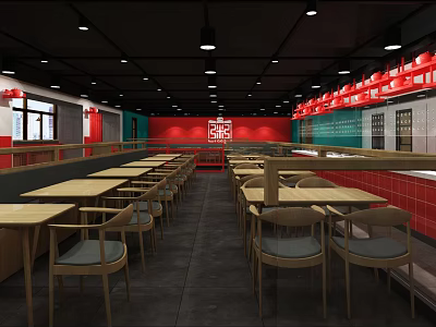 Modern Restaurant Interior With Wooden Tables Chairs Red Green Walls And Pendant Lights 3d model