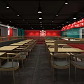 Modern Restaurant Interior With Wooden Tables Chairs Red Green Walls And Pendant Lights