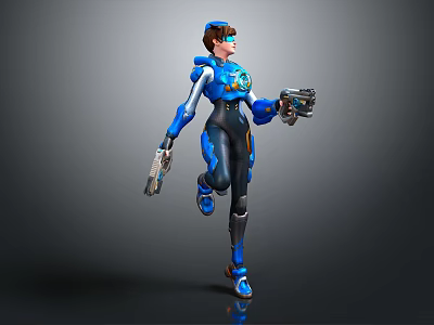 Game Movie Character In Futuristic Blue Armor Holding Weapons In Dynamic Action Pose 3d model
