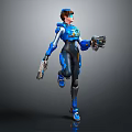 Game Movie Character In Futuristic Blue Armor Holding Weapons In Dynamic Action Pose