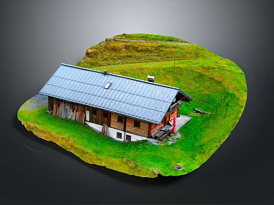 Rural Self Built House Exterior With Wooden Structure Gray Roof And Green Grassland Surroundings 3d model