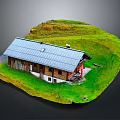 Rural Self Built House Exterior With Wooden Structure Gray Roof And Green Grassland Surroundings
