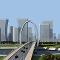 Modern Arch Bridge With Vehicles Over River In City Green Landscape