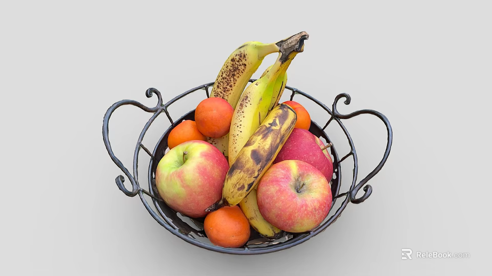 Black Wrought Iron Basket Filled With Fresh Bananas Apples And Oranges 3d model 