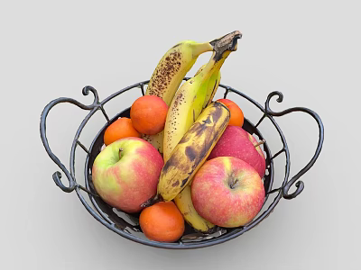 Black Wrought Iron Basket Filled With Fresh Bananas Apples And Oranges 3d model