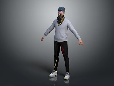 3D Character Model Featuring Blue Gray Hair Patterned Scarf Gray Sweater Black Pants White Sneakers 3d model