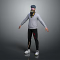 3D Character Model Featuring Blue Gray Hair Patterned Scarf Gray Sweater Black Pants White Sneakers