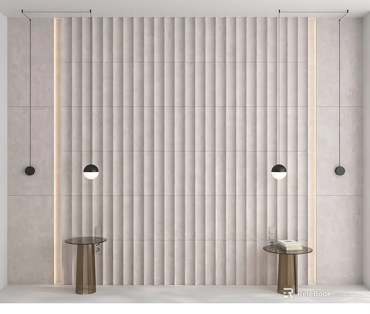 Modern Textured Background Wall with Vertical Panels LED Strip Lights and Side Tables 3d model