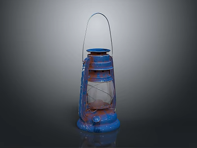 Vintage Blue Kerosene Lamp with Rusty Metal Body and Glass Shade and Handle 3d model
