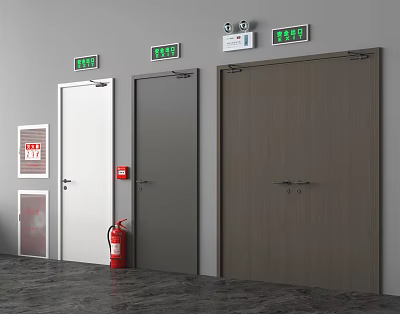 Different Colored Fire Safety Doors With Emergency Exit Signs And Fire Extinguisher 3d model