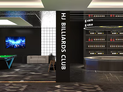 HJ Billiards Club Modern Interior With Billiard Table Sofa Wine Shelves And TV Screen 3d model