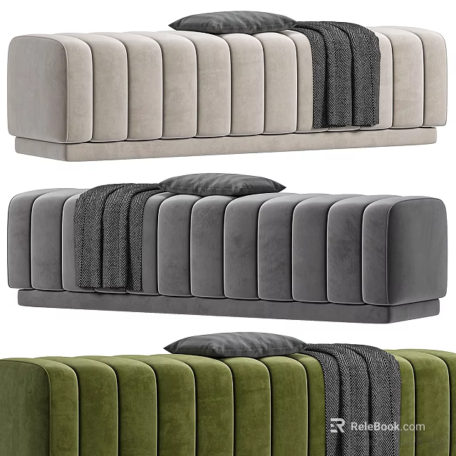 Modern Ribbed Sofa Bench In Light Grey Dark Grey Green With Pillow And Blanket 3d model 
