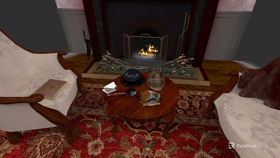 Cozy Living Room Fireplace With Burning Fire Armchairs Coffee Table And Red Rug 3d model 