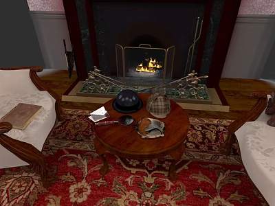Cozy Living Room Fireplace With Burning Fire Armchairs Coffee Table And Red Rug 3d model