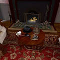 Cozy Living Room Fireplace With Burning Fire Armchairs Coffee Table And Red Rug