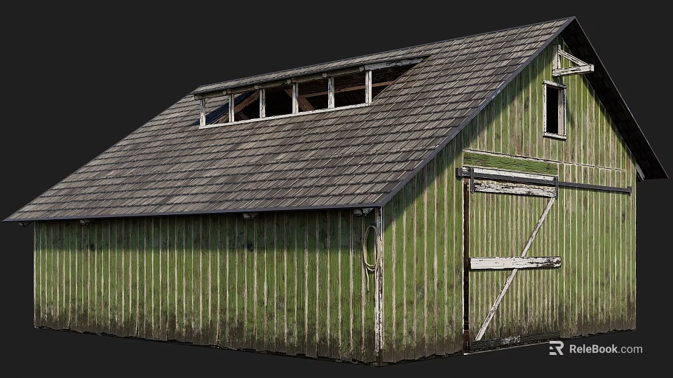 Green Old Barn Featuring Gray Tile Roof Side Wooden Door And Small Windows 3d model 