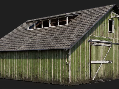 Green Old Barn Featuring Gray Tile Roof Side Wooden Door And Small Windows 3d model