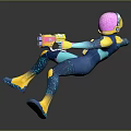 Sci Fi Character in Action Pose with Pink Helmet Teal Body and Colorful Weapon