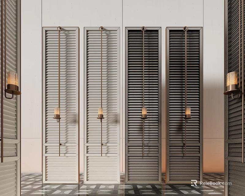 Elegant Modern Room Divider Design With Louvered Panels And Metal Frames 3d model 