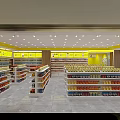 Supermarket Department Store with Stocked Shelves Yellow Signage and Organized Product Sections