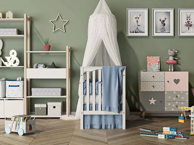 Cozy Baby Crib With Tulle Canopy Blue Blanket Green Wall Shelves And Toys 3d model