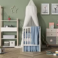 Cozy Baby Crib With Tulle Canopy Blue Blanket Green Wall Shelves And Toys