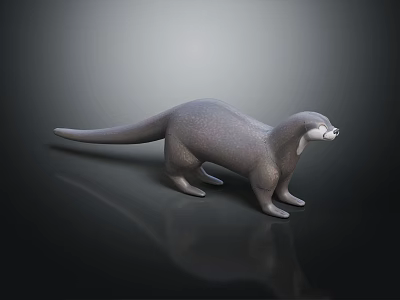 Gray Otter 3D Character Model with White Face Standing on Black Smooth Surface and Reflection 3d model