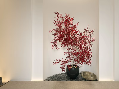 Red Leaf Bonsai Plant in Black Pot with Stones and Sand on Minimalist Background 3d model