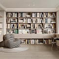 Study Room Interior Design With Built In Bookshelves Striped Chair Wooden Floor And Window Blinds