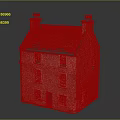 Cartoon Scenery Of A Brick House With Sloped Tile Roof Chimneys Windows And Black Door