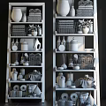 Multi Tiered Wooden Shelf Unit With Potted Plants Baskets Glass Bottles And Decorative Items