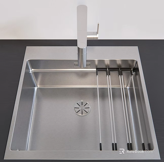 Modern Stainless Steel Kitchen Sink With Single Bowl Faucet And Drainer Rack Design 3d model 
