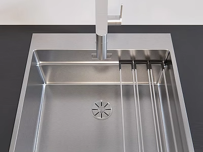 Modern Stainless Steel Kitchen Sink With Single Bowl Faucet And Drainer Rack Design 3d model