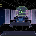 Cartoon Blue Showroom Scene Featuring Shiny Car White Pillars And Glowing Lines
