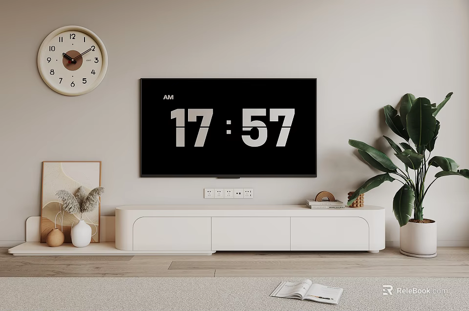 Modern TV Stand with Flat Screen TV Decorative Clock Plant and Artwork 3d model 