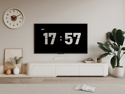 Modern TV Stand with Flat Screen TV Decorative Clock Plant and Artwork 3d model