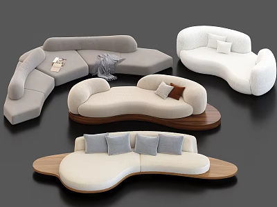 Modern Abstract Shape Sofa With Multiple Curved Designs Soft Fabric And Wooden Base 3d model