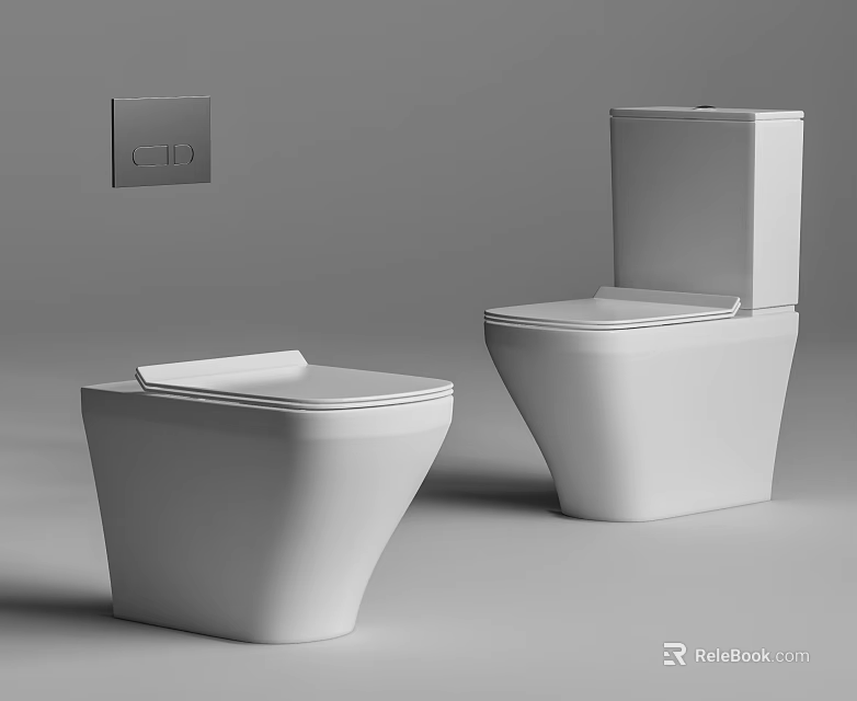 White Toilets Featuring Two Different Designs Tankless And With Tank And Button Panel 3d model