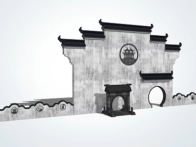 Traditional Chinese Scenic Wall With Black Eaves Gray Surface And Circular Decoration 3d model