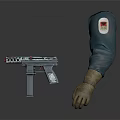 Silver Gun Weapon Displayed With Green Sleeves And Gloved Hands