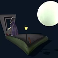 Witch In Purple Robe Standing Near Bed With Full Moon And Bats At Night