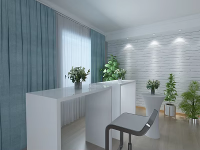Modern Interior Design With Blue Curtains White Brick Wall Bar Counter And Green Plants 3d model