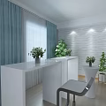 Modern Interior Design With Blue Curtains White Brick Wall Bar Counter And Green Plants