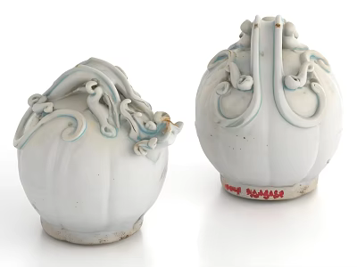 White Pumpkin Shaped Ceramic Vessels with Intricate Dragon Decorations and Red Bottom Marks 3d model