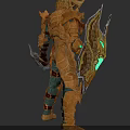 Mythical Warrior Character And Creature In Golden Horned Armor With Shield Weapon And Glowing Accents